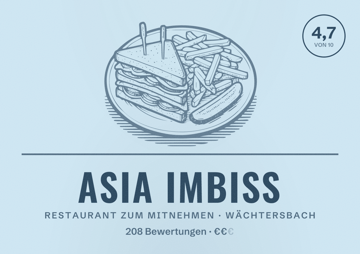 Illustriertes Poster von Asia Imbiss, Restaurant zum Mitnehmen in Wächtersbach: Bewertung 4,7 von 10 aus 208 Bewertungen, Preisniveau €€
