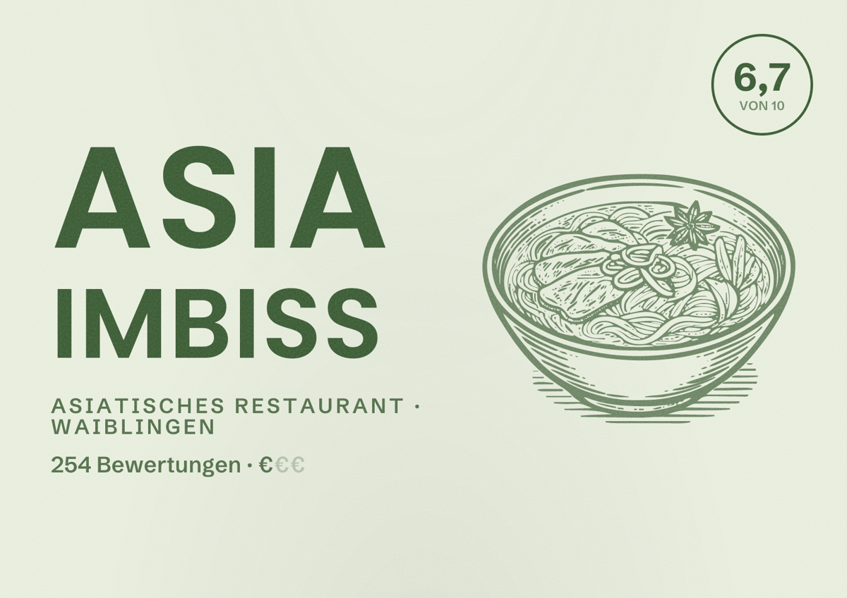 Illustriertes Poster von Asia Imbiss, Asiatisches Restaurant in Waiblingen: Bewertung 6,7 von 10 aus 254 Bewertungen, Preisniveau €