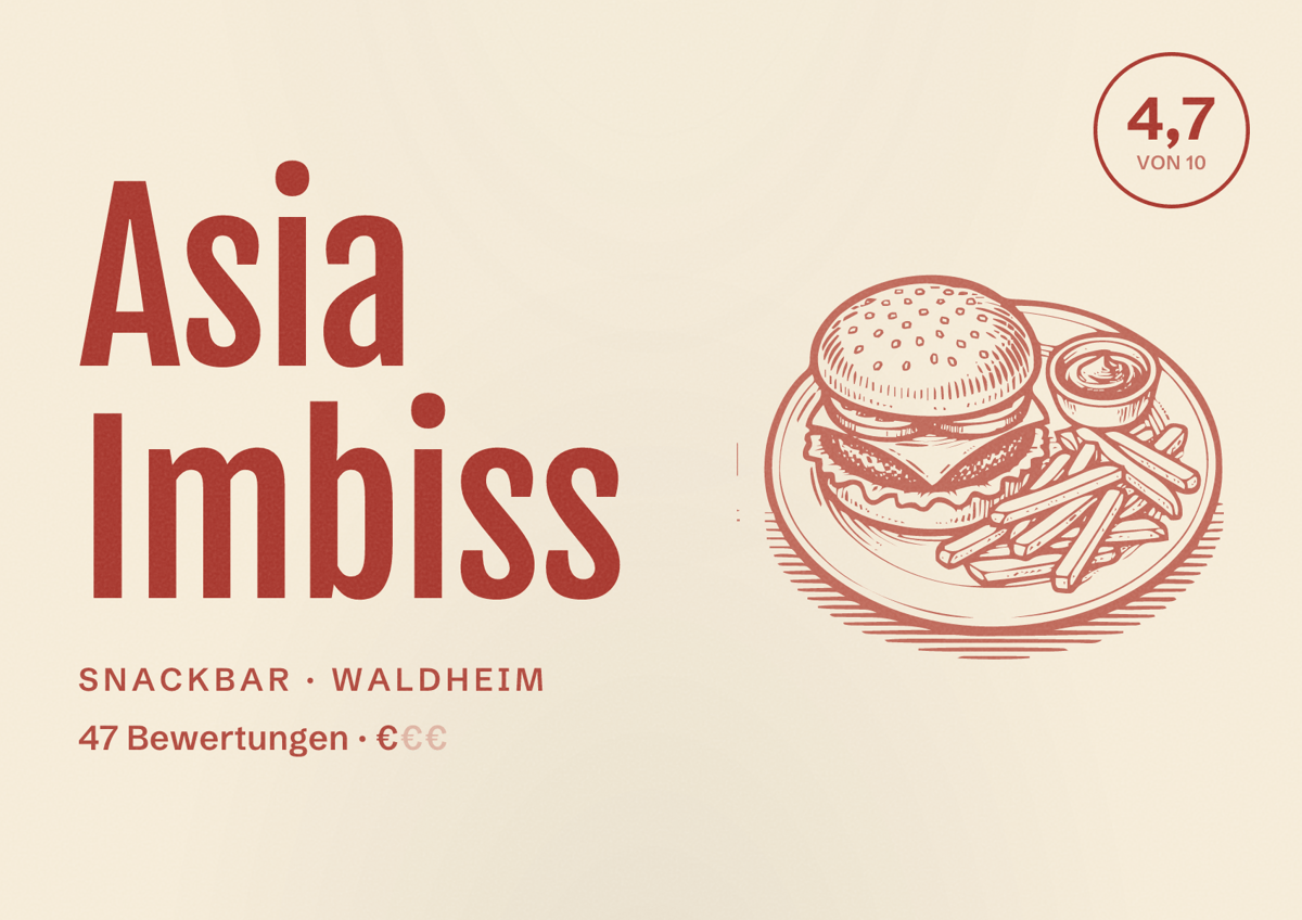 Illustriertes Poster von Asia Imbiss, Snackbar in Waldheim: Bewertung 4,7 von 10 aus 47 Bewertungen, Preisniveau €