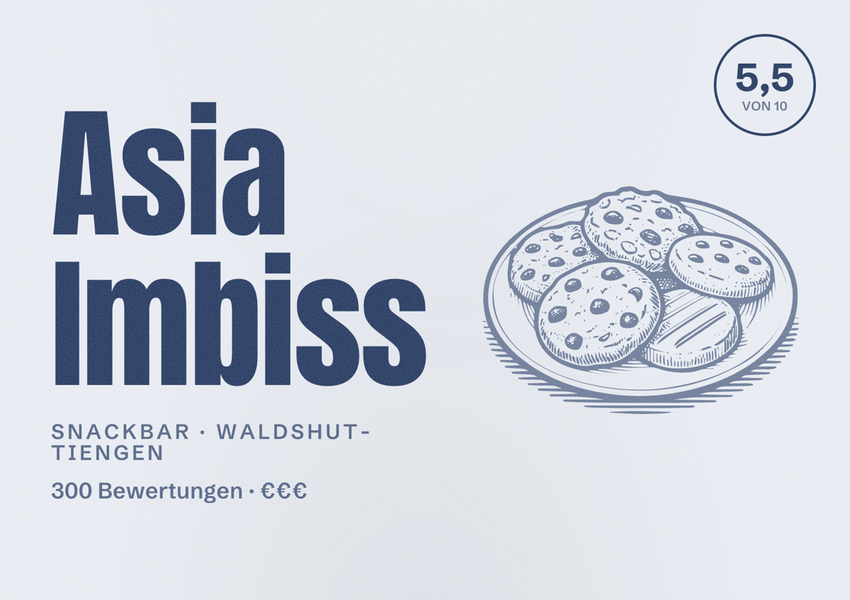 Illustriertes Poster von Asia Imbiss, Snackbar in Waldshut-Tiengen: Bewertung 5,5 von 10 aus 300 Bewertungen, Preisniveau €€€