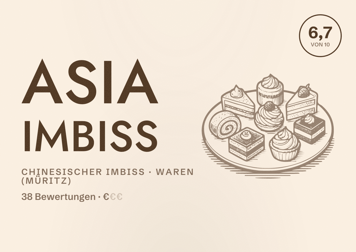 Illustriertes Poster von Asia Imbiss, Chinesischer Imbiss in Waren (Müritz): Bewertung 6,7 von 10 aus 38 Bewertungen, Preisniveau €