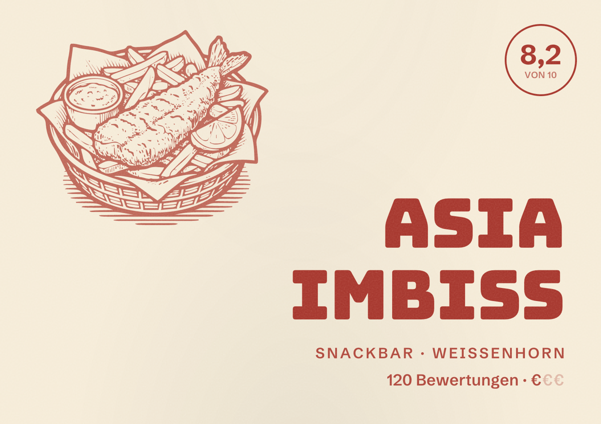 Illustriertes Poster von Asia Imbiss, Snackbar in Weißenhorn: Bewertung 8,2 von 10 aus 120 Bewertungen, Preisniveau €