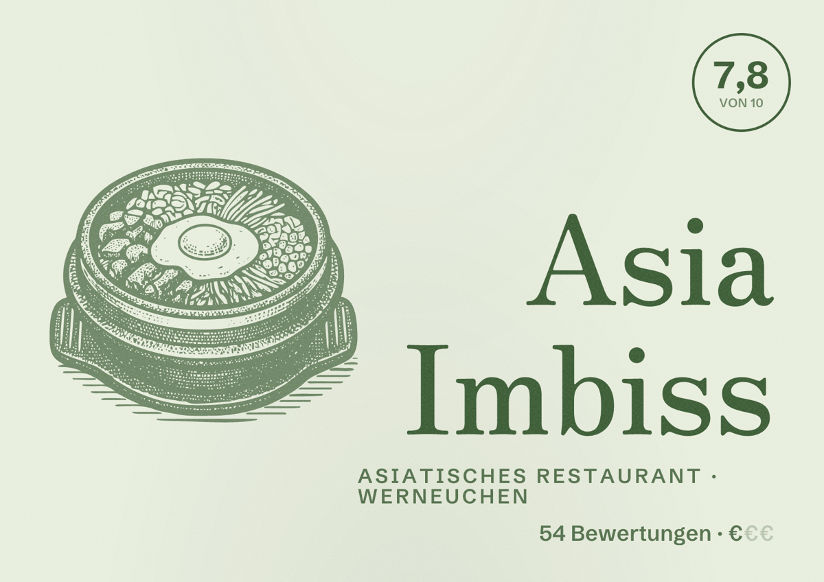 Illustriertes Poster von Asia Imbiss, Asiatisches Restaurant in Werneuchen: Bewertung 7,8 von 10 aus 54 Bewertungen, Preisniveau €