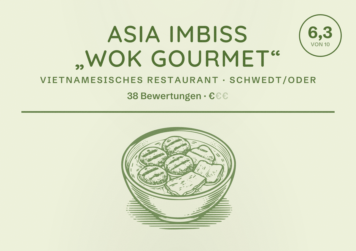 Illustriertes Poster von Asia Imbiss „Wok Gourmet“, Vietnamesisches Restaurant in Schwedt/Oder: Bewertung 6,3 von 10 aus 38 Bewertungen, Preisniveau €
