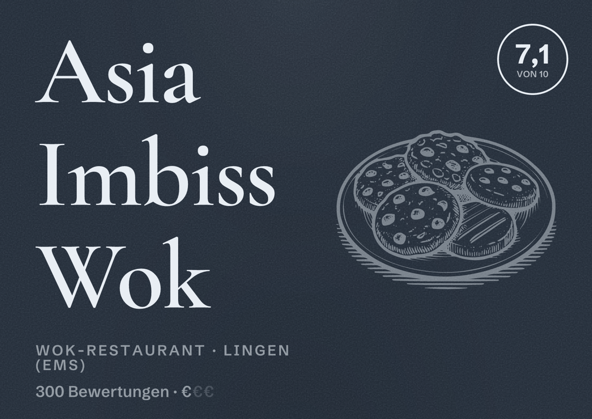 Illustriertes Poster von Asia Imbiss Wok, Wok-Restaurant in Lingen (Ems): Bewertung 7,1 von 10 aus 300 Bewertungen, Preisniveau €
