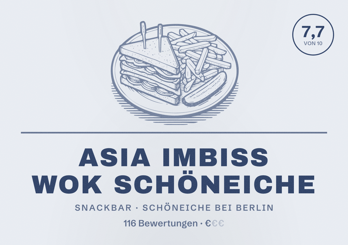 Illustriertes Poster von Asia Imbiss Wok Schöneiche, Snackbar in Schöneiche bei Berlin: Bewertung 7,7 von 10 aus 116 Bewertungen, Preisniveau €