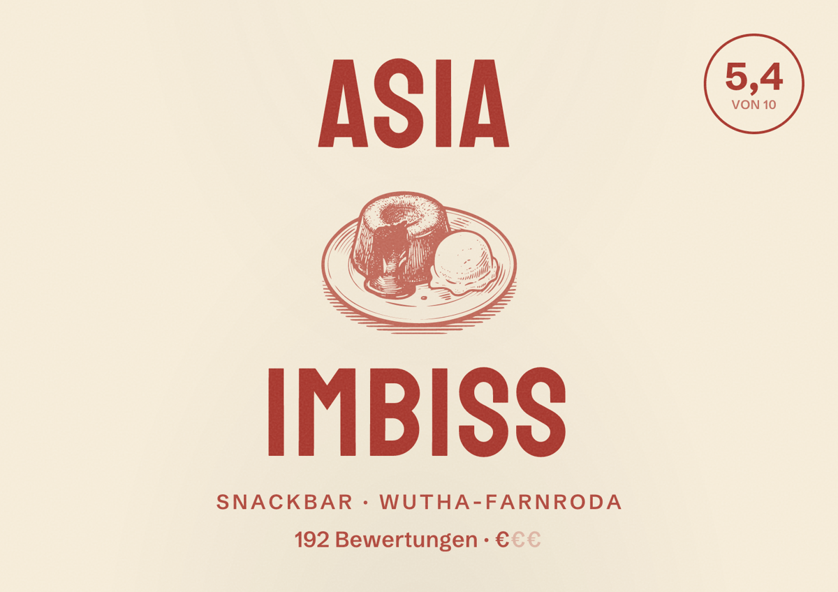 Illustriertes Poster von Asia Imbiss, Snackbar in Wutha-Farnroda: Bewertung 5,4 von 10 aus 192 Bewertungen, Preisniveau €