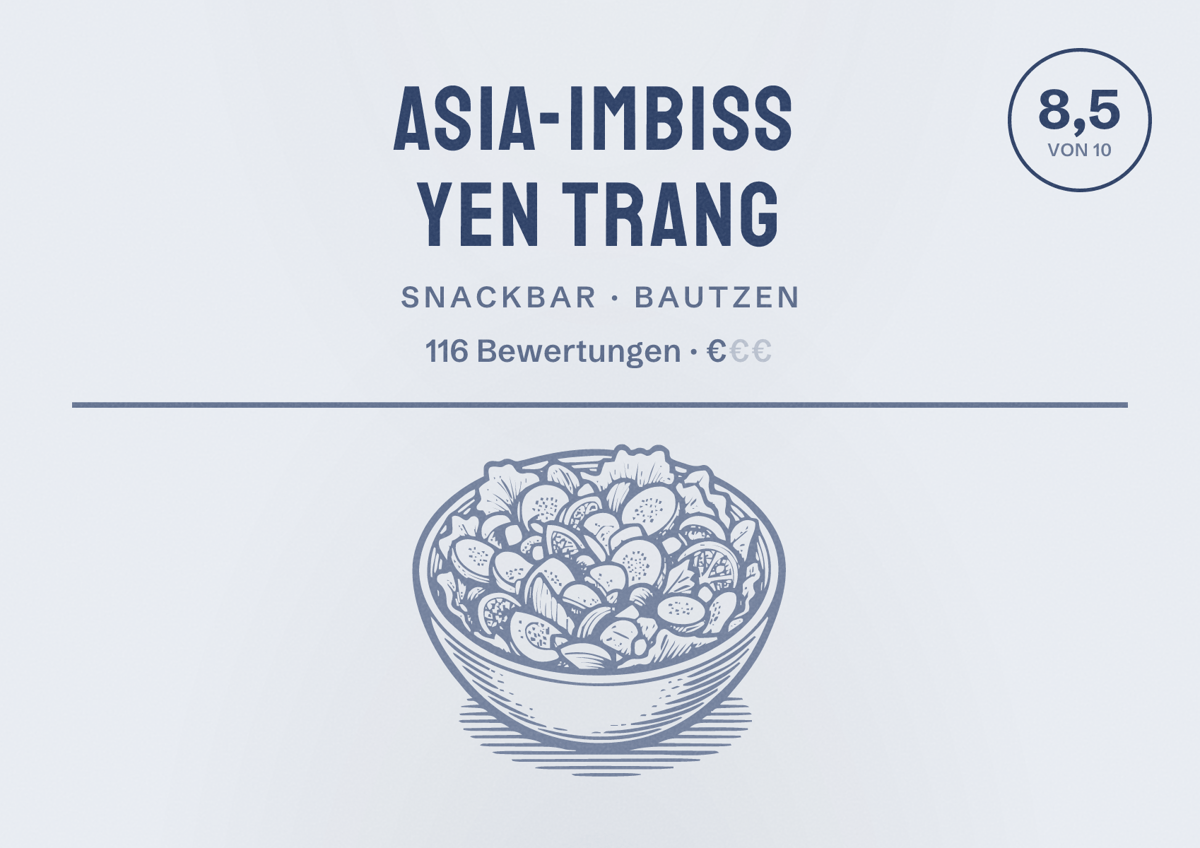 Illustriertes Poster von Asia-Imbiss Yen Trang, Snackbar in Bautzen: Bewertung 8,5 von 10 aus 116 Bewertungen, Preisniveau €