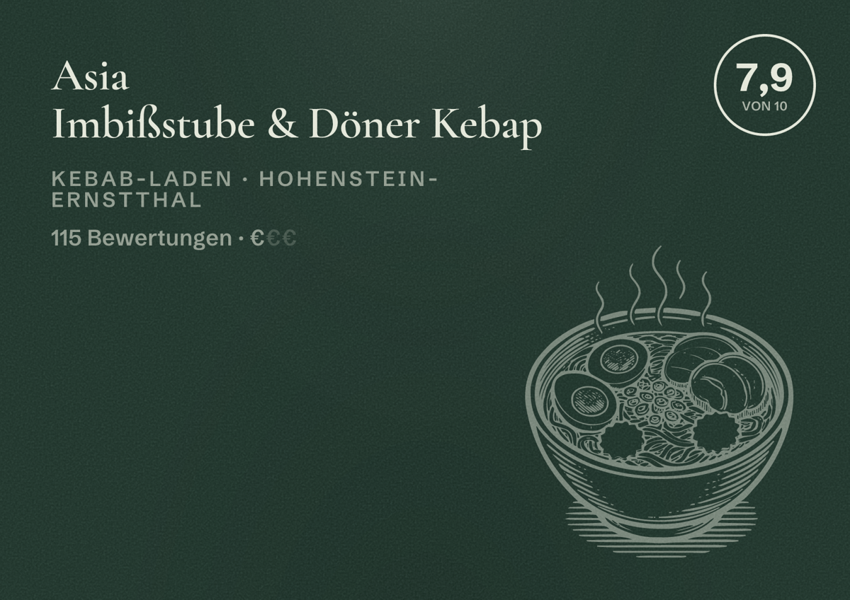 Illustriertes Poster von Asia Imbißstube & Döner Kebap, Kebab-Laden in Hohenstein-Ernstthal: Bewertung 7,9 von 10 aus 115 Bewertungen, Preisniveau €