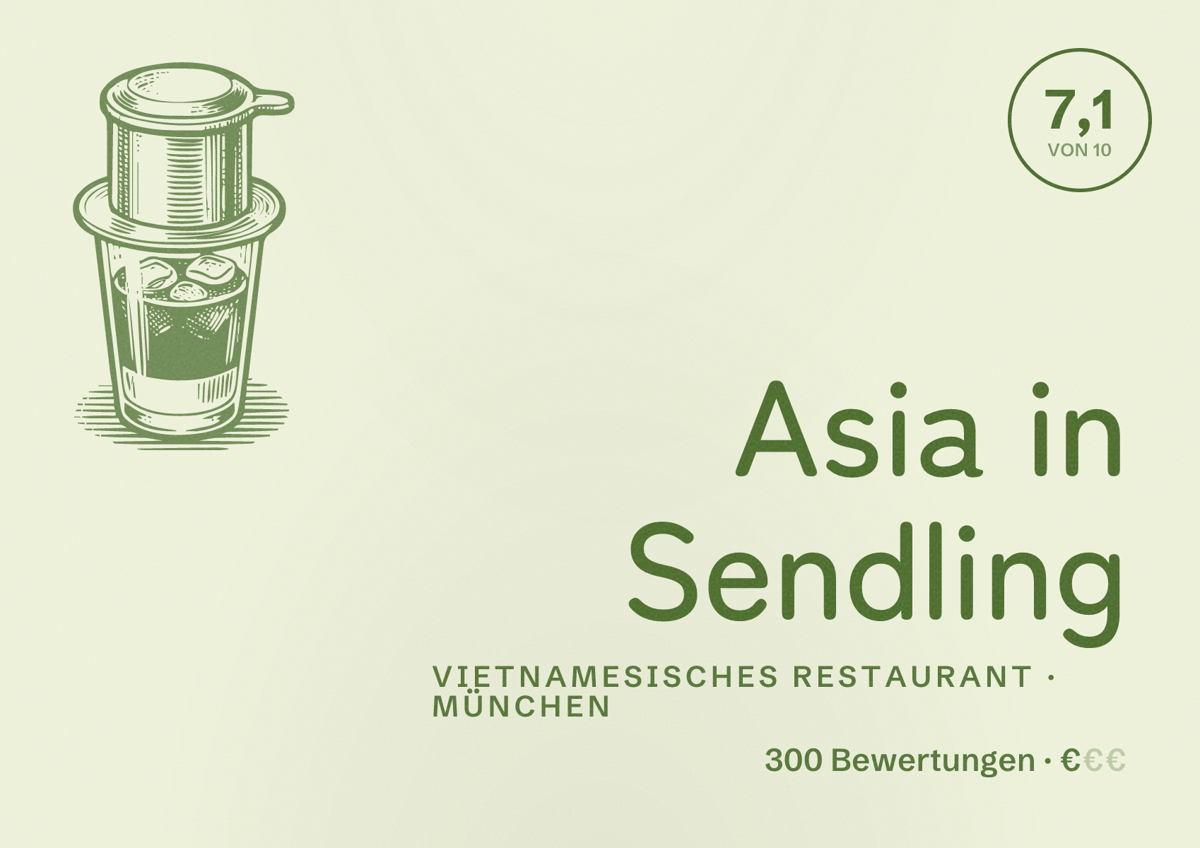 Illustriertes Poster von Asia in Sendling, Vietnamesisches Restaurant in München: Bewertung 7,1 von 10 aus 300 Bewertungen, Preisniveau €