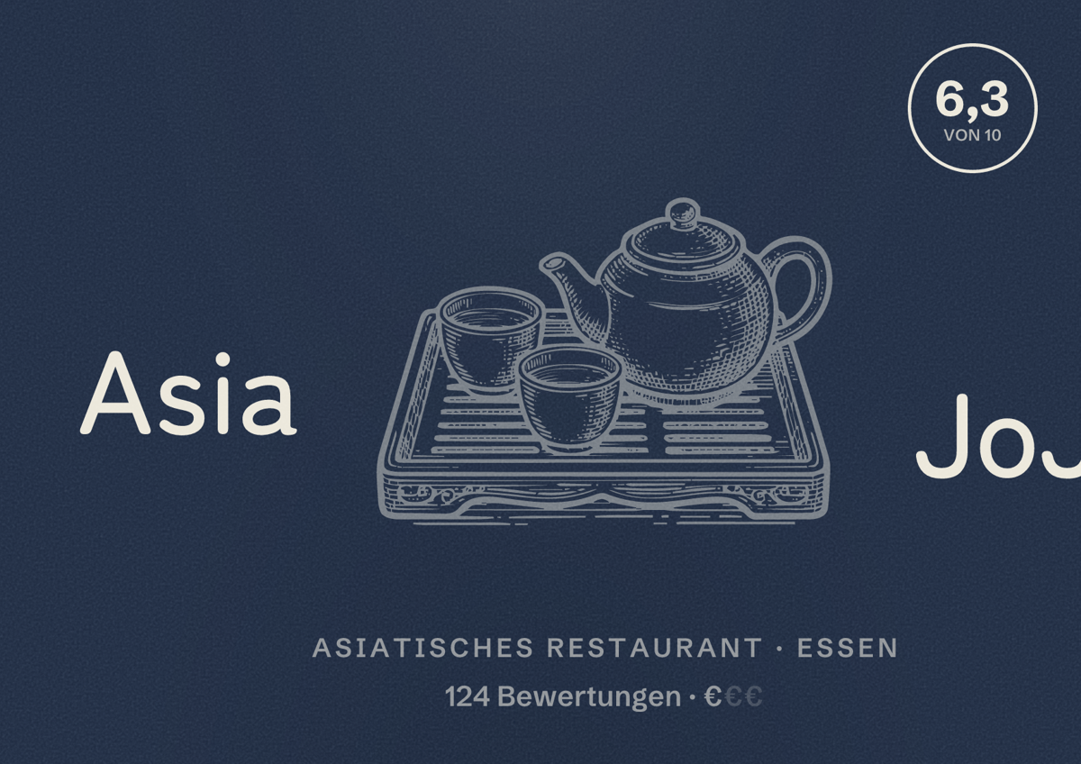 Illustriertes Poster von Asia JoJi, Asiatisches Restaurant in Essen: Bewertung 6,3 von 10 aus 124 Bewertungen, Preisniveau €