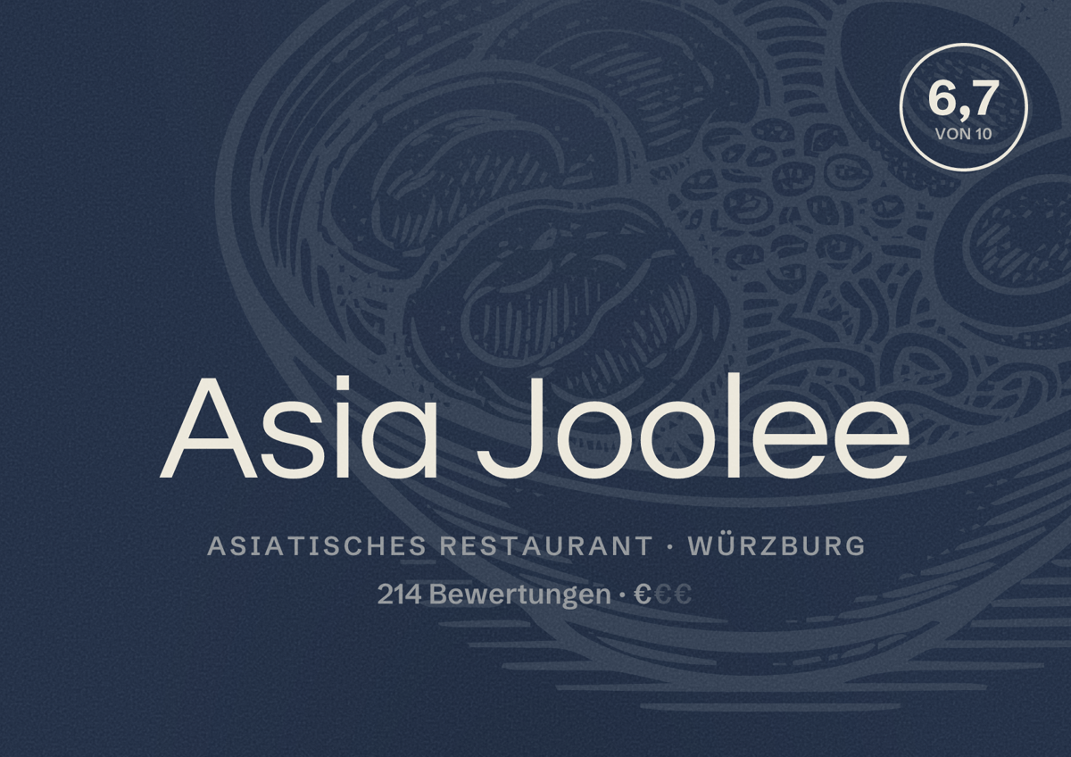 Illustriertes Poster von Asia Joolee, Asiatisches Restaurant in Würzburg: Bewertung 6,7 von 10 aus 214 Bewertungen, Preisniveau €