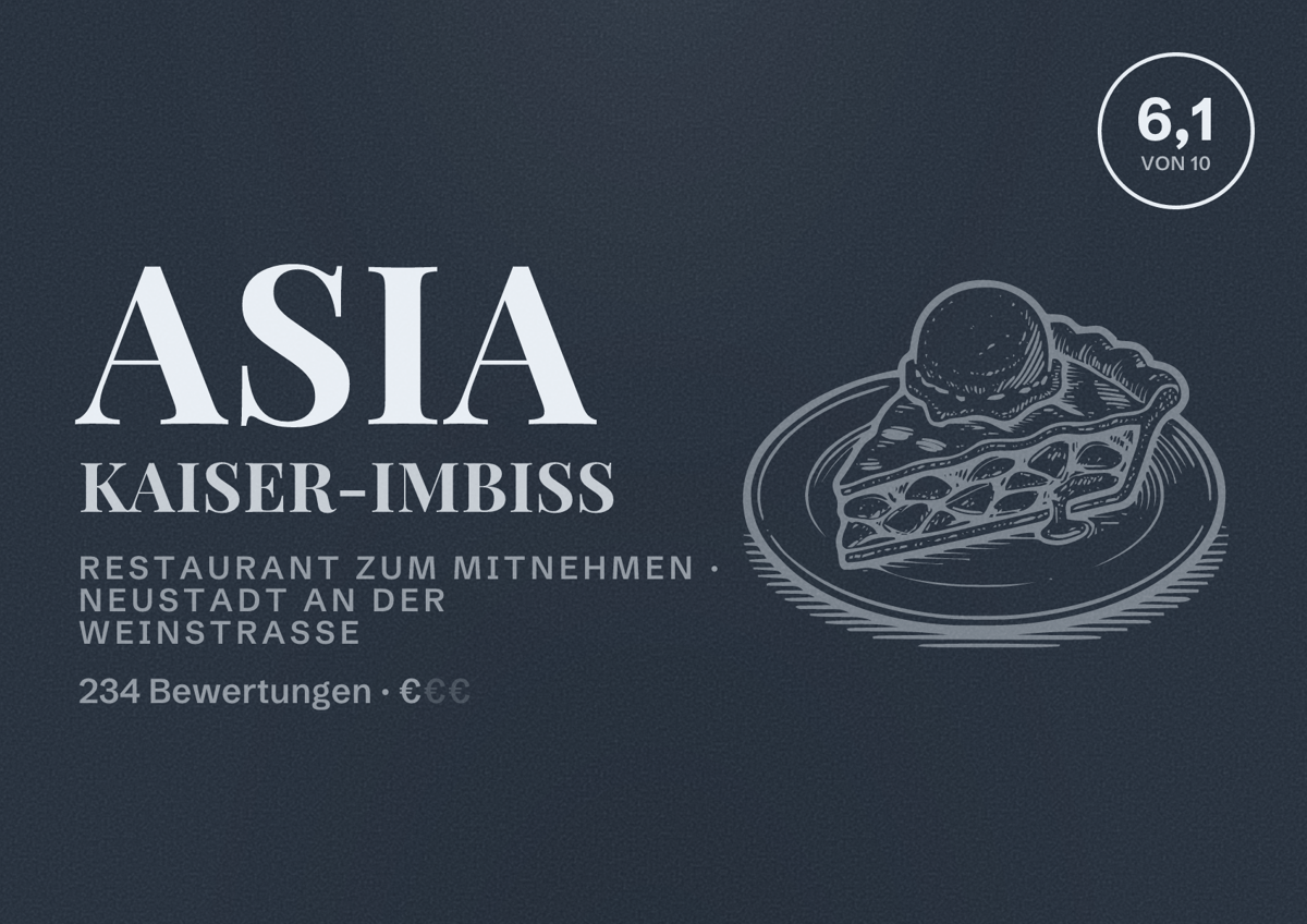 Illustriertes Poster von Asia Kaiser-Imbiss, Restaurant zum Mitnehmen in Neustadt an der Weinstraße: Bewertung 6,1 von 10 aus 234 Bewertungen, Preisniveau €