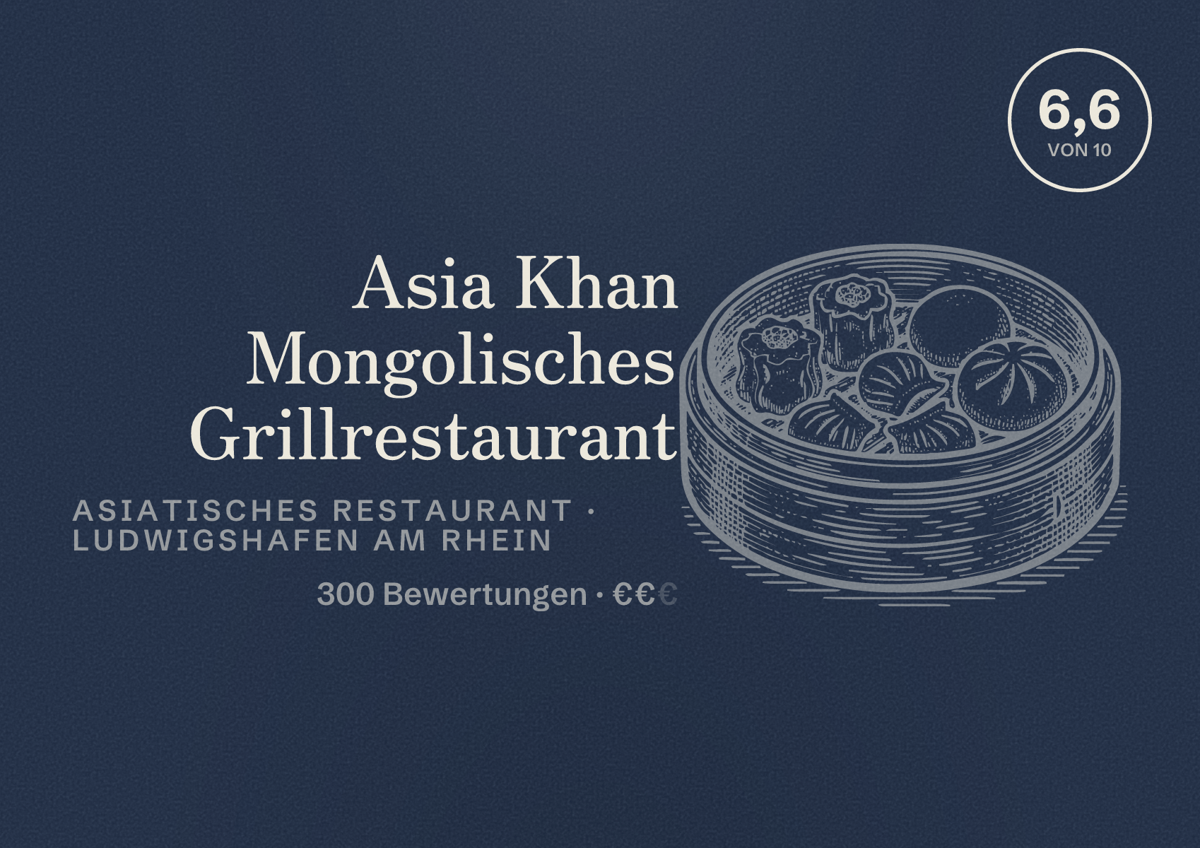 Illustriertes Poster von Asia Khan Mongolisches Grillrestaurant, Asiatisches Restaurant in Ludwigshafen am Rhein: Bewertung 6,6 von 10 aus 300 Bewertungen, Preisniveau €€