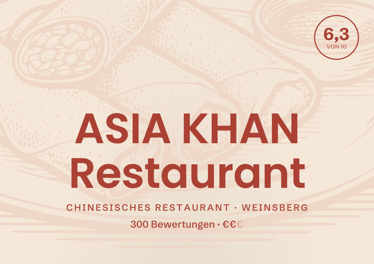 Illustriertes Poster von ASIA KHAN Restaurant, Chinesisches Restaurant in Weinsberg: Bewertung 6,3 von 10 aus 300 Bewertungen, Preisniveau €€