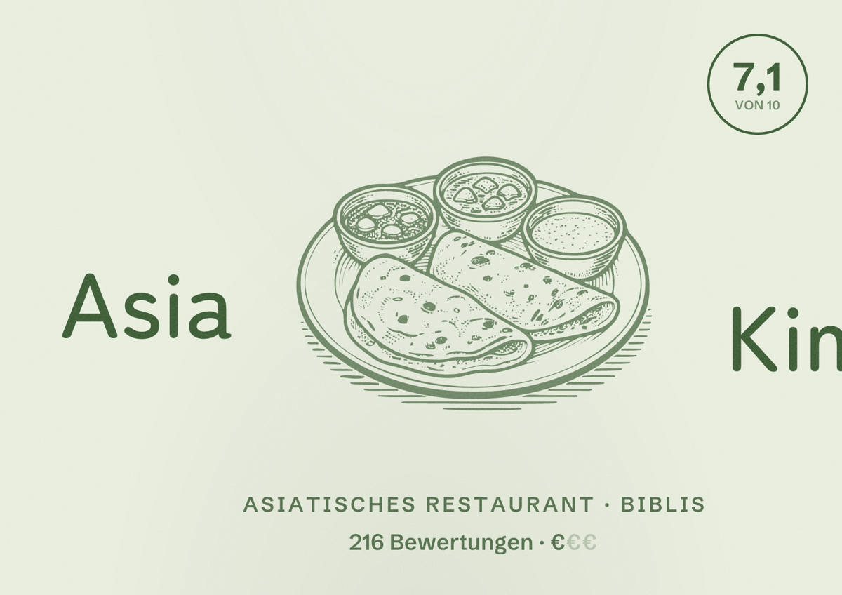 Illustriertes Poster von Asia Kim, Asiatisches Restaurant in Biblis: Bewertung 7,1 von 10 aus 216 Bewertungen, Preisniveau €