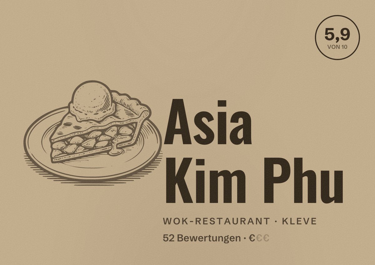 Illustriertes Poster von Asia Kim Phu, Wok-Restaurant in Kleve: Bewertung 5,9 von 10 aus 52 Bewertungen, Preisniveau €