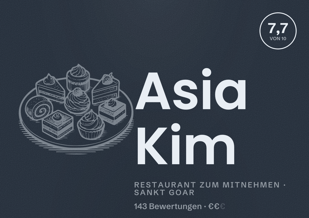 Illustriertes Poster von Asia Kim, Restaurant zum Mitnehmen in Sankt Goar: Bewertung 7,7 von 10 aus 143 Bewertungen, Preisniveau €€