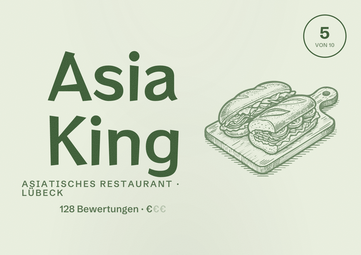 Illustriertes Poster von Asia King, Asiatisches Restaurant in Lübeck: Bewertung 5 von 10 aus 128 Bewertungen, Preisniveau €
