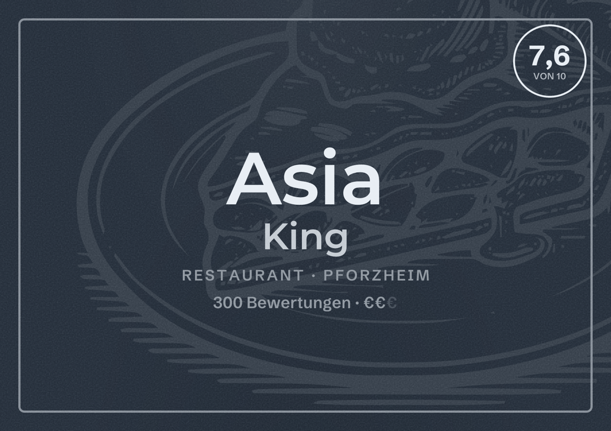 Illustriertes Poster von Asia King, Restaurant in Pforzheim: Bewertung 7,6 von 10 aus 300 Bewertungen, Preisniveau €€