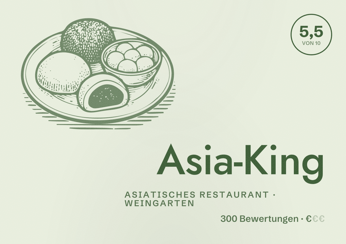 Illustriertes Poster von Asia-King, Asiatisches Restaurant in Weingarten: Bewertung 5,5 von 10 aus 300 Bewertungen, Preisniveau €