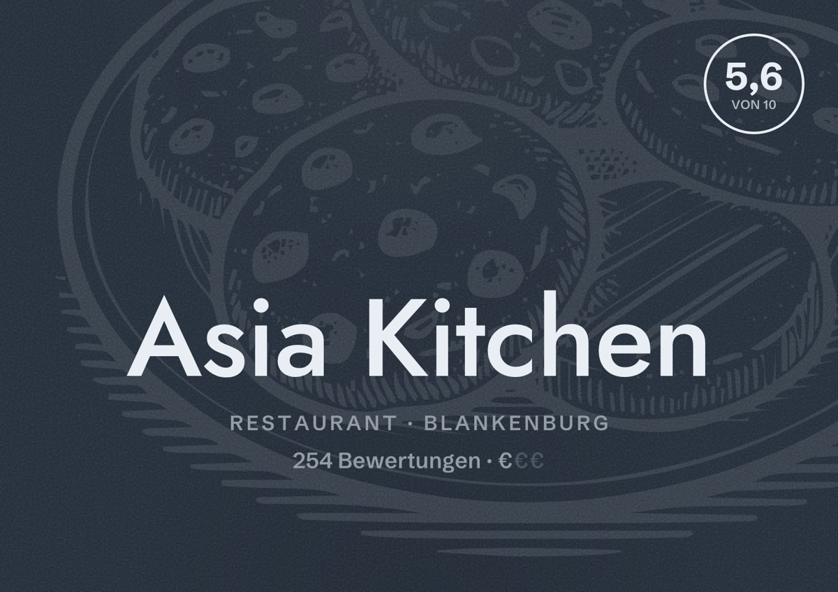 Illustriertes Poster von Asia Kitchen, Restaurant in Blankenburg: Bewertung 5,6 von 10 aus 254 Bewertungen, Preisniveau €