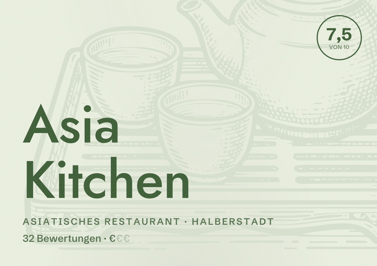 Illustriertes Poster von Asia Kitchen, Asiatisches Restaurant in Halberstadt: Bewertung 7,5 von 10 aus 32 Bewertungen, Preisniveau €