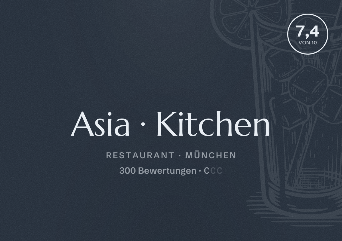 Illustriertes Poster von Asia Kitchen, Restaurant in München: Bewertung 7,4 von 10 aus 300 Bewertungen, Preisniveau €