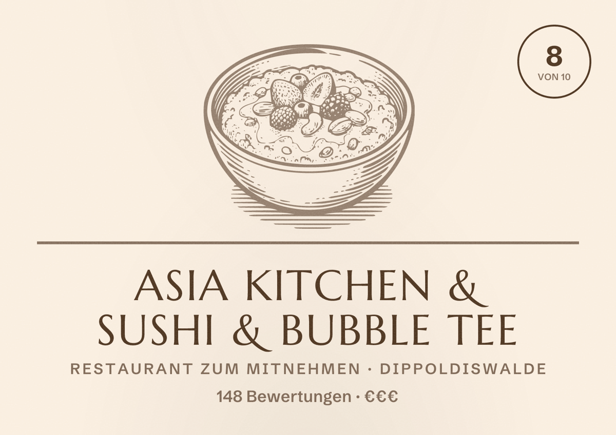 Illustriertes Poster von Asia kitchen & Sushi & Bubble Tee, Restaurant zum Mitnehmen in Dippoldiswalde: Bewertung 8 von 10 aus 148 Bewertungen, Preisniveau €€€