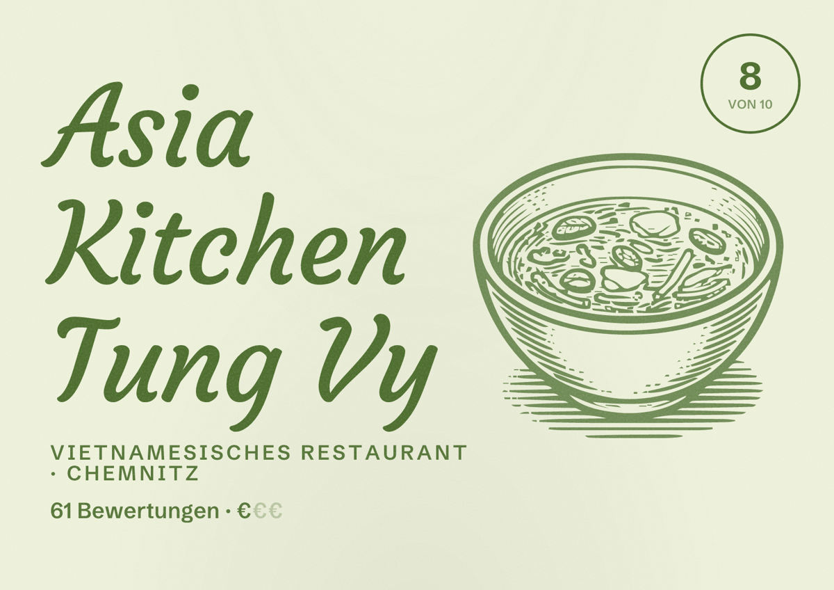 Illustriertes Poster von Asia Kitchen Tung Vy, Vietnamesisches Restaurant in Chemnitz: Bewertung 8 von 10 aus 61 Bewertungen, Preisniveau €