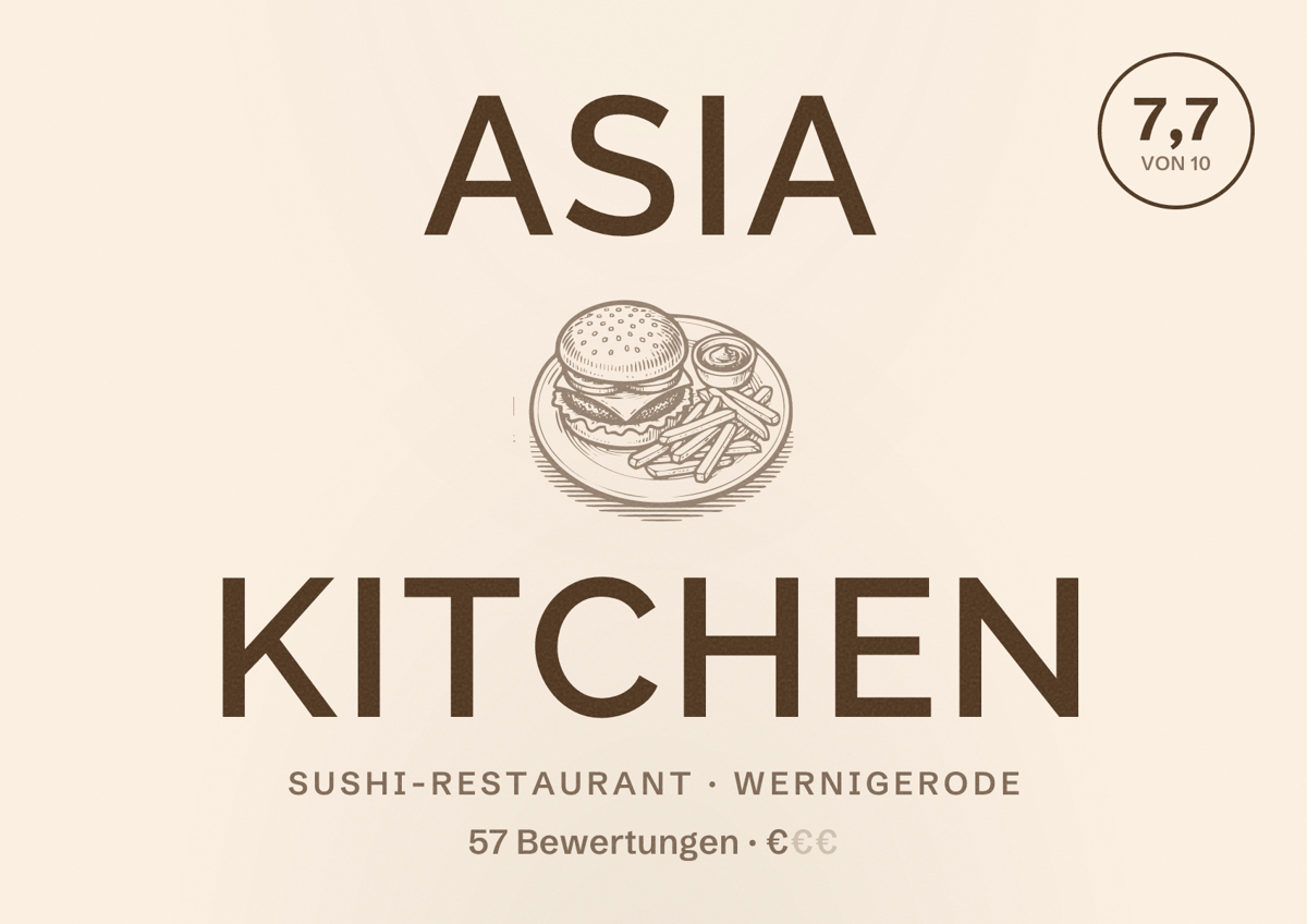 Illustriertes Poster von Asia Kitchen, Sushi-Restaurant in Wernigerode: Bewertung 7,7 von 10 aus 57 Bewertungen, Preisniveau €