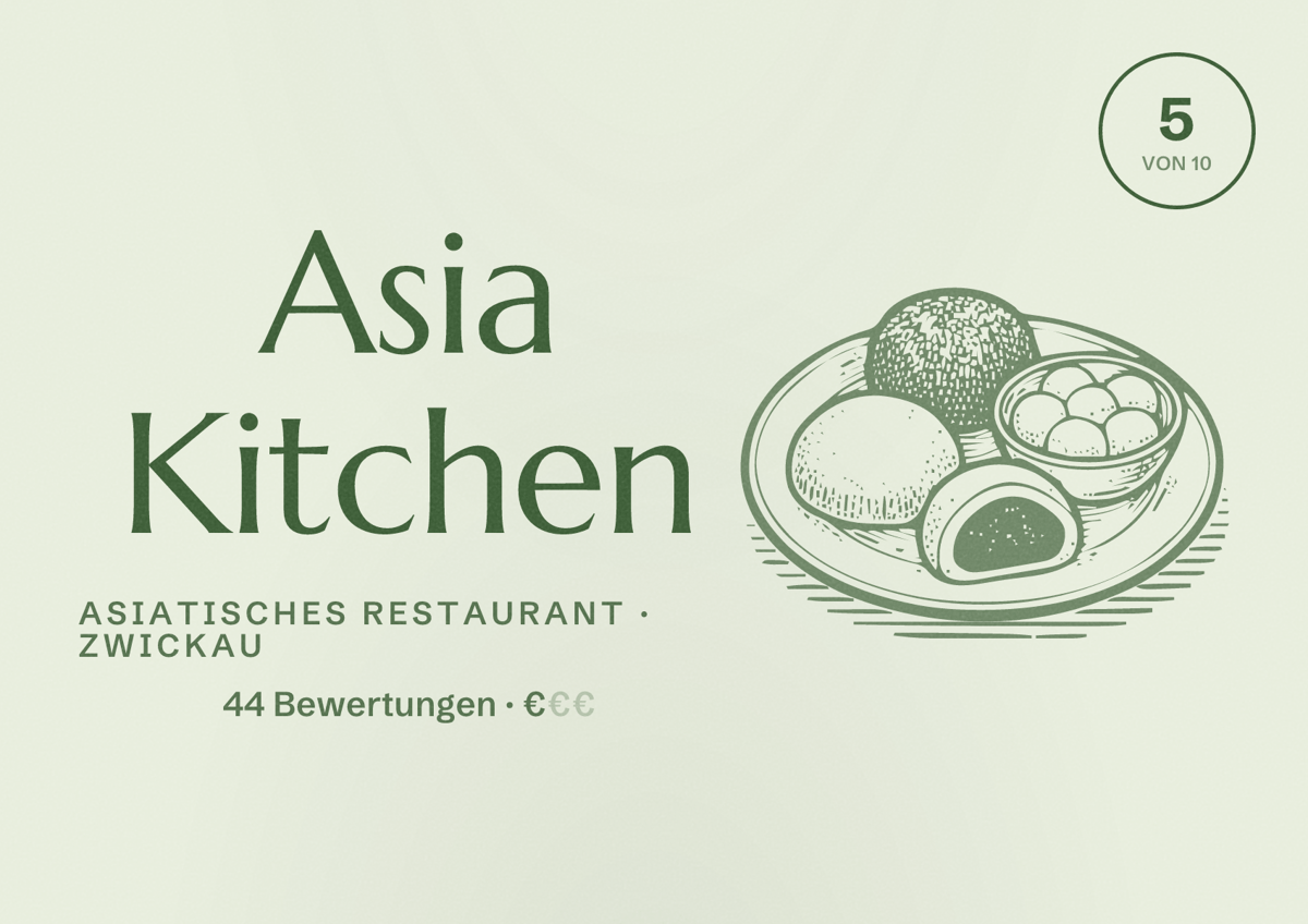 Illustriertes Poster von Asia Kitchen, Asiatisches Restaurant in Zwickau: Bewertung 5 von 10 aus 44 Bewertungen, Preisniveau €