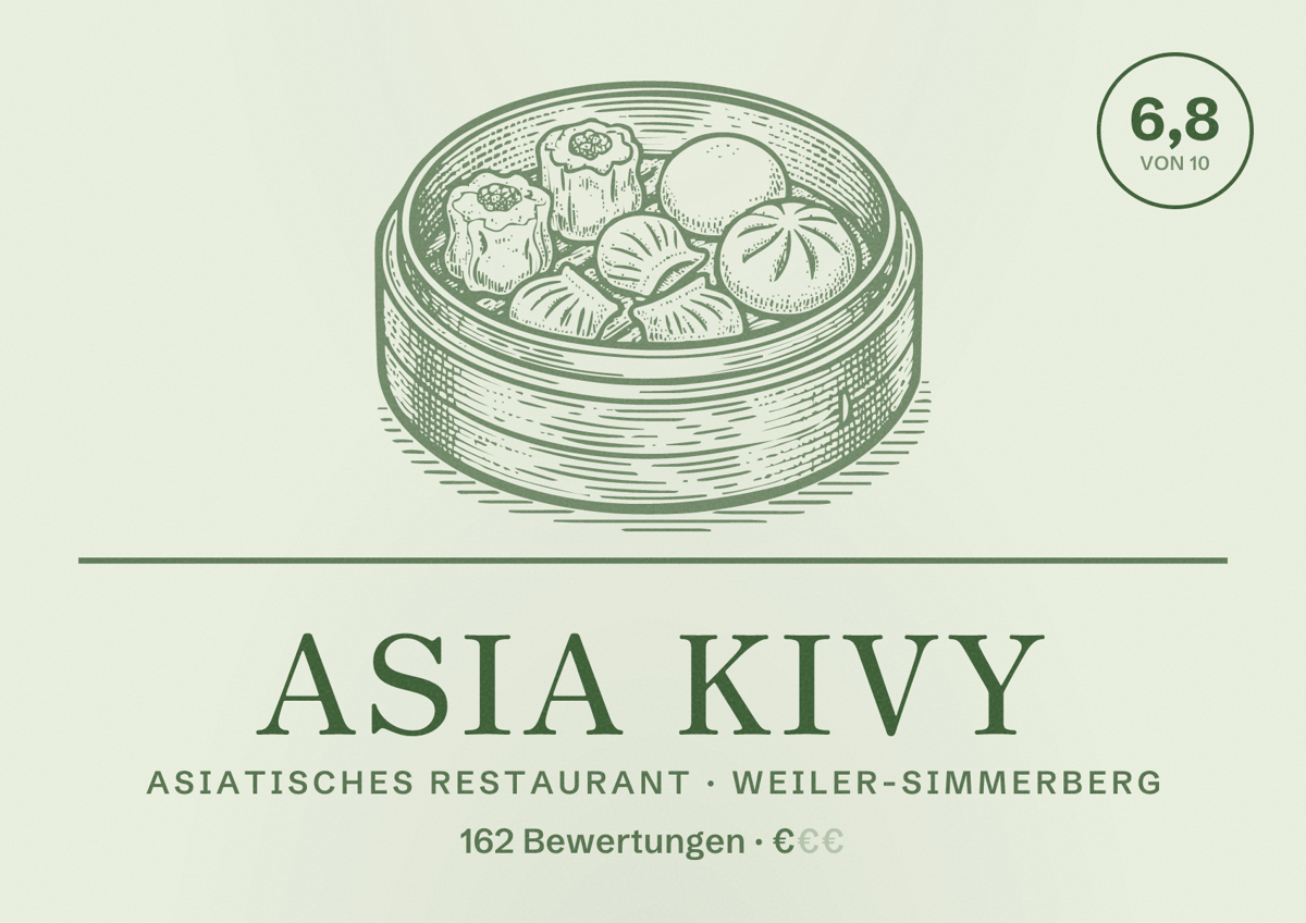Illustriertes Poster von Asia Kivy, Asiatisches Restaurant in Weiler-Simmerberg: Bewertung 6,8 von 10 aus 162 Bewertungen, Preisniveau €