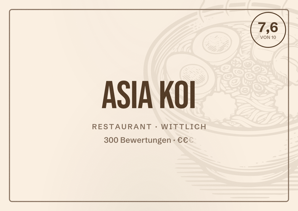 Illustriertes Poster von Asia Koi, Restaurant in Wittlich: Bewertung 7,6 von 10 aus 300 Bewertungen, Preisniveau €€