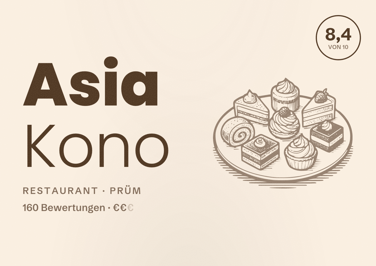 Illustriertes Poster von Asia Kono, Restaurant in Prüm: Bewertung 8,4 von 10 aus 160 Bewertungen, Preisniveau €€