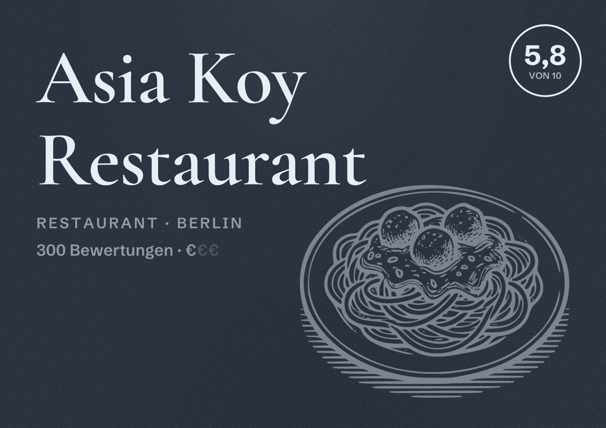 Illustriertes Poster von Asia Koy Restaurant, Restaurant in Berlin: Bewertung 5,8 von 10 aus 300 Bewertungen, Preisniveau €
