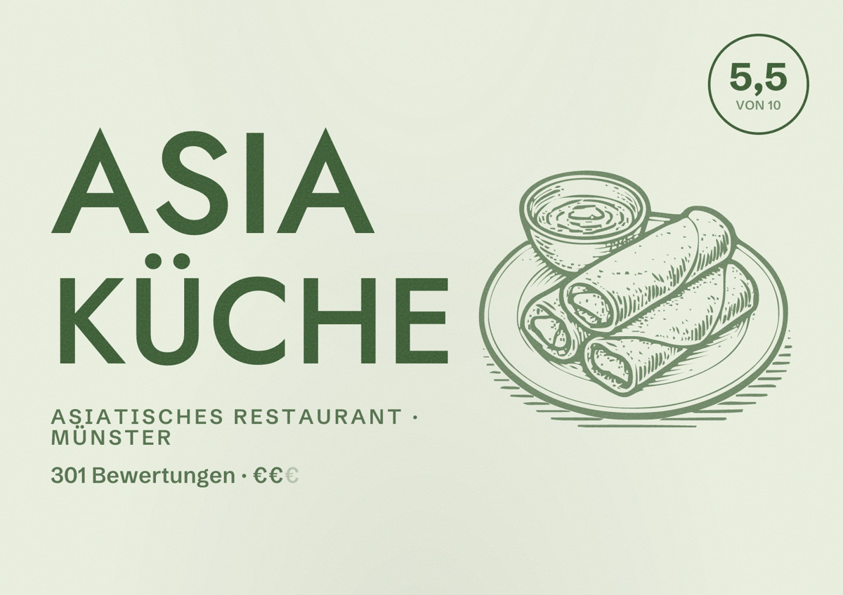 Illustriertes Poster von Asia Küche, Asiatisches Restaurant in Münster: Bewertung 5,5 von 10 aus 301 Bewertungen, Preisniveau €€