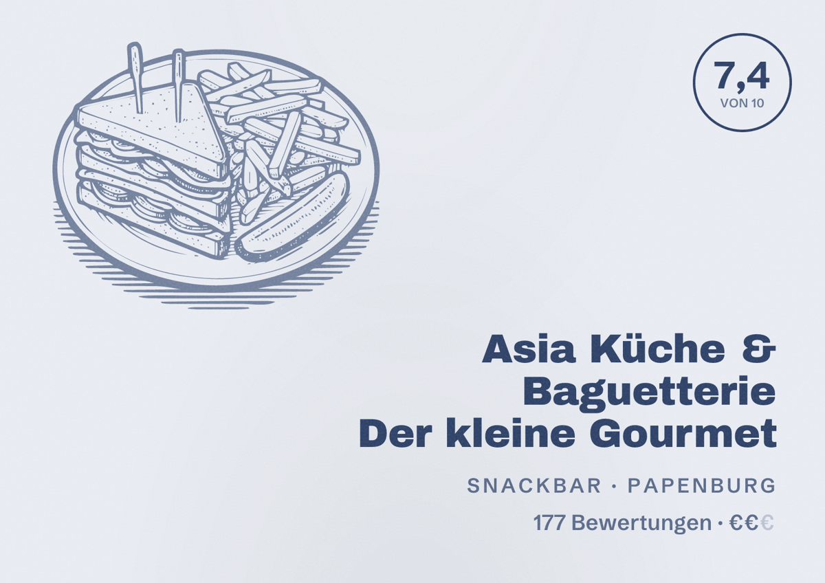 Illustriertes Poster von Asia Küche & Baguetterie Der kleine Gourmet, Snackbar in Papenburg: Bewertung 7,4 von 10 aus 177 Bewertungen, Preisniveau €€