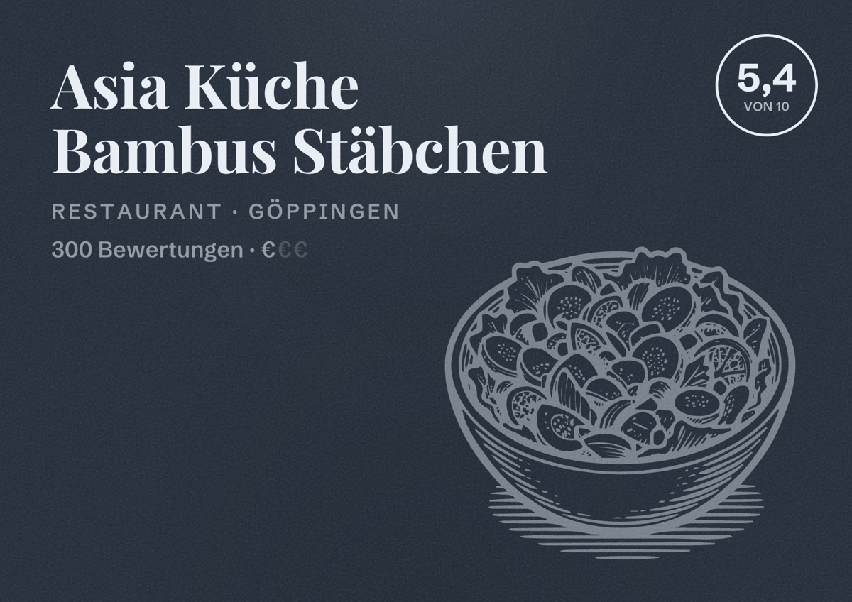 Illustriertes Poster von Asia Küche Bambus Stäbchen, Restaurant in Göppingen: Bewertung 5,4 von 10 aus 300 Bewertungen, Preisniveau €