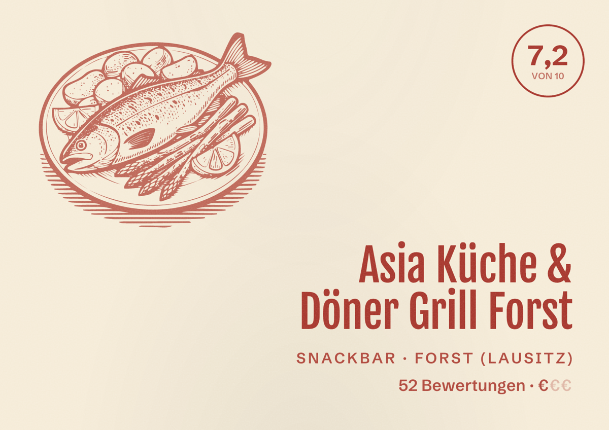 Illustriertes Poster von Asia Küche & Döner Grill Forst, Snackbar in Forst (Lausitz): Bewertung 7,2 von 10 aus 52 Bewertungen, Preisniveau €