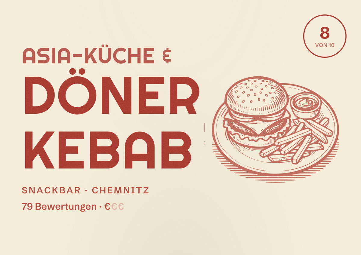 Illustriertes Poster von Asia-Küche & Döner Kebab, Snackbar in Chemnitz: Bewertung 8 von 10 aus 79 Bewertungen, Preisniveau €