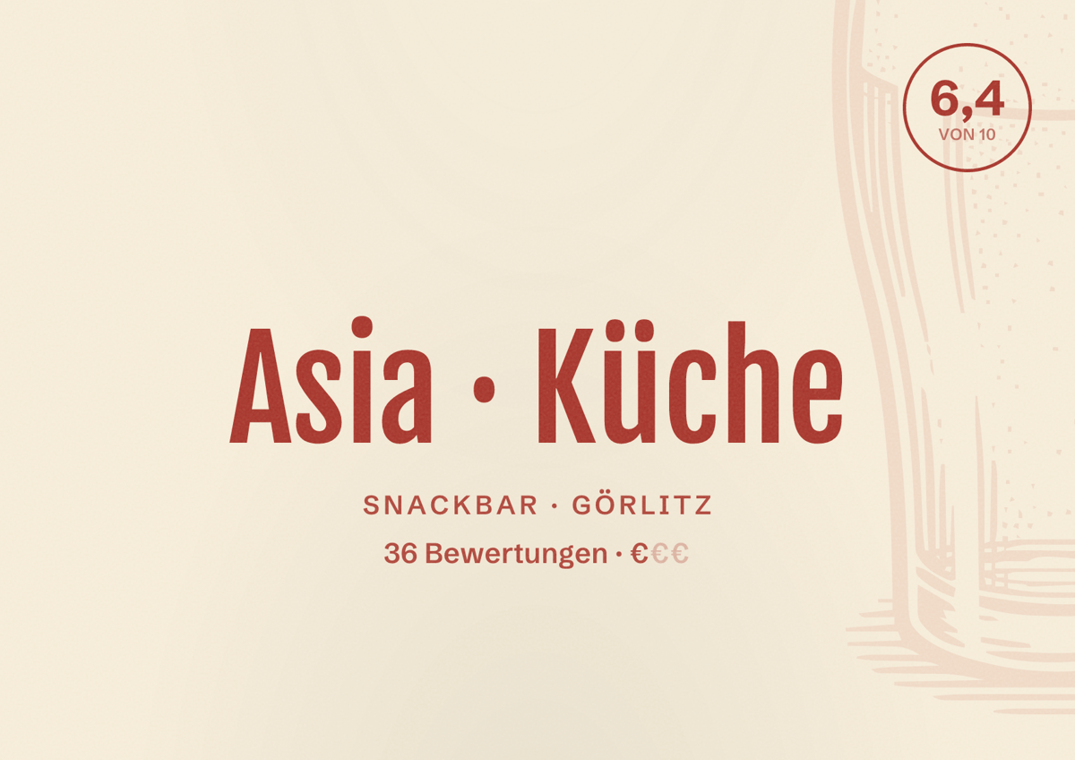 Illustriertes Poster von Asia Küche, Snackbar in Görlitz: Bewertung 6,4 von 10 aus 36 Bewertungen, Preisniveau €