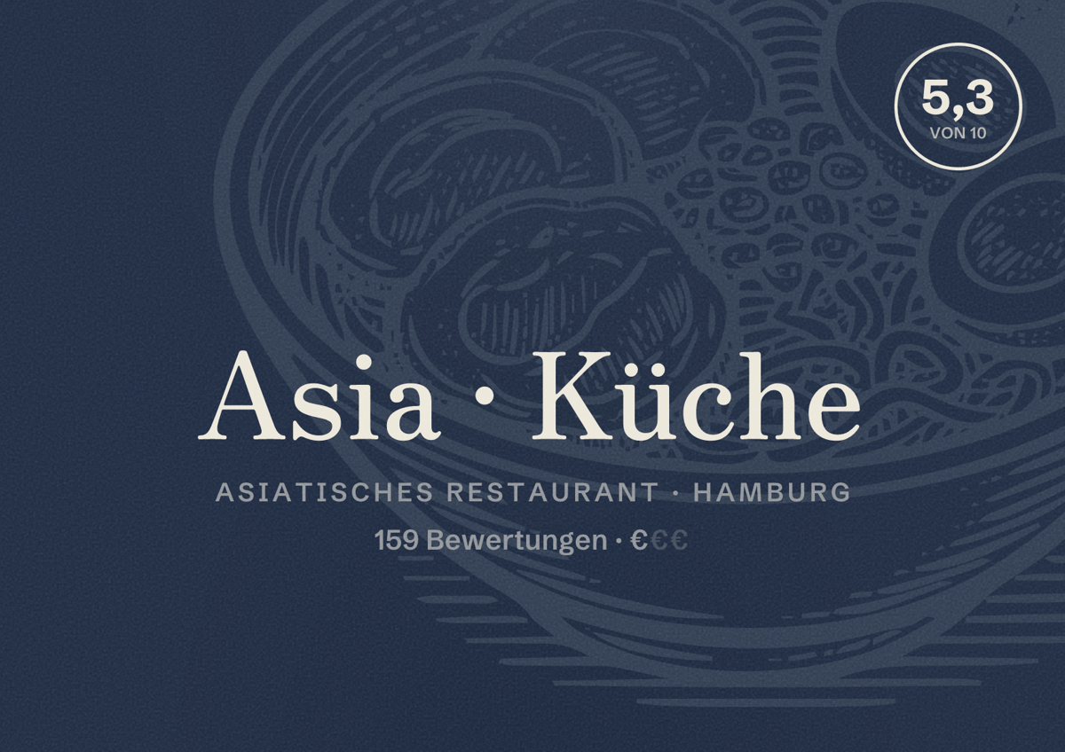 Illustriertes Poster von Asia Küche, Asiatisches Restaurant in Hamburg: Bewertung 5,3 von 10 aus 159 Bewertungen, Preisniveau €