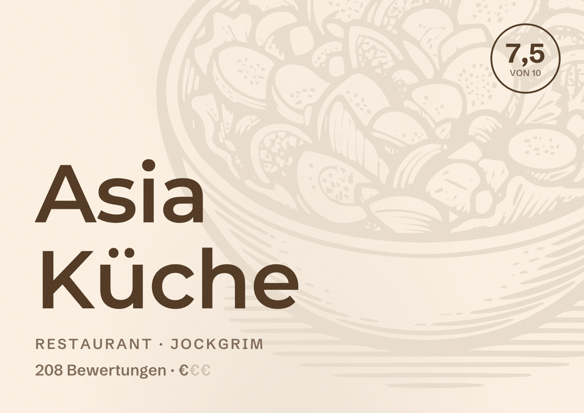 Illustriertes Poster von Asia Küche, Restaurant in Jockgrim: Bewertung 7,5 von 10 aus 208 Bewertungen, Preisniveau €