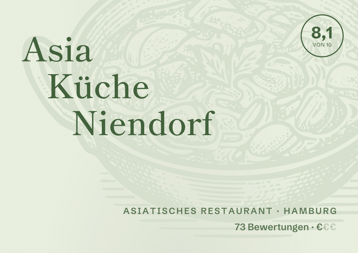Illustriertes Poster von Asia Küche Niendorf, Asiatisches Restaurant in Hamburg: Bewertung 8,1 von 10 aus 73 Bewertungen, Preisniveau €