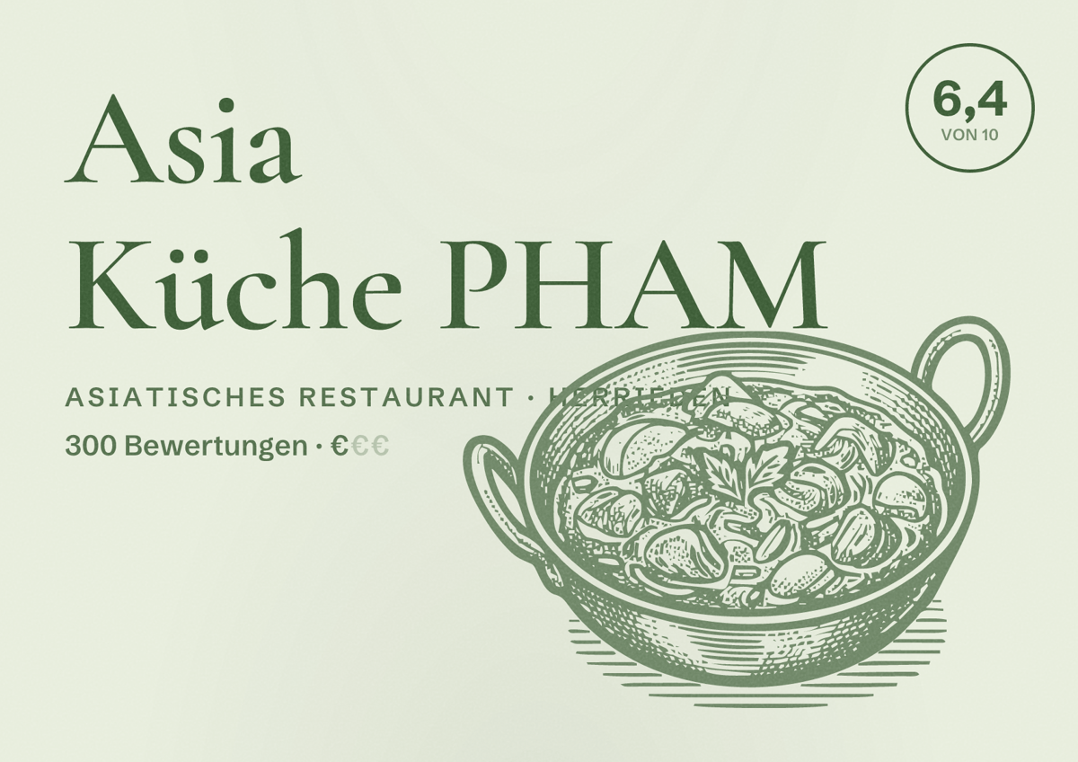 Illustriertes Poster von Asia Küche PHAM, Asiatisches Restaurant in Herrieden: Bewertung 6,4 von 10 aus 300 Bewertungen, Preisniveau €