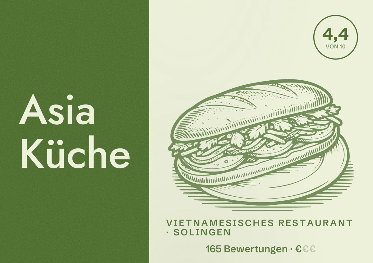 Illustriertes Poster von Asia Küche, Vietnamesisches Restaurant in Solingen: Bewertung 4,4 von 10 aus 165 Bewertungen, Preisniveau €
