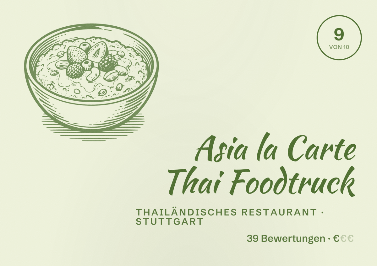 Illustriertes Poster von Asia la Carte Thai Foodtruck, Thailändisches Restaurant in Stuttgart: Bewertung 9 von 10 aus 39 Bewertungen, Preisniveau €