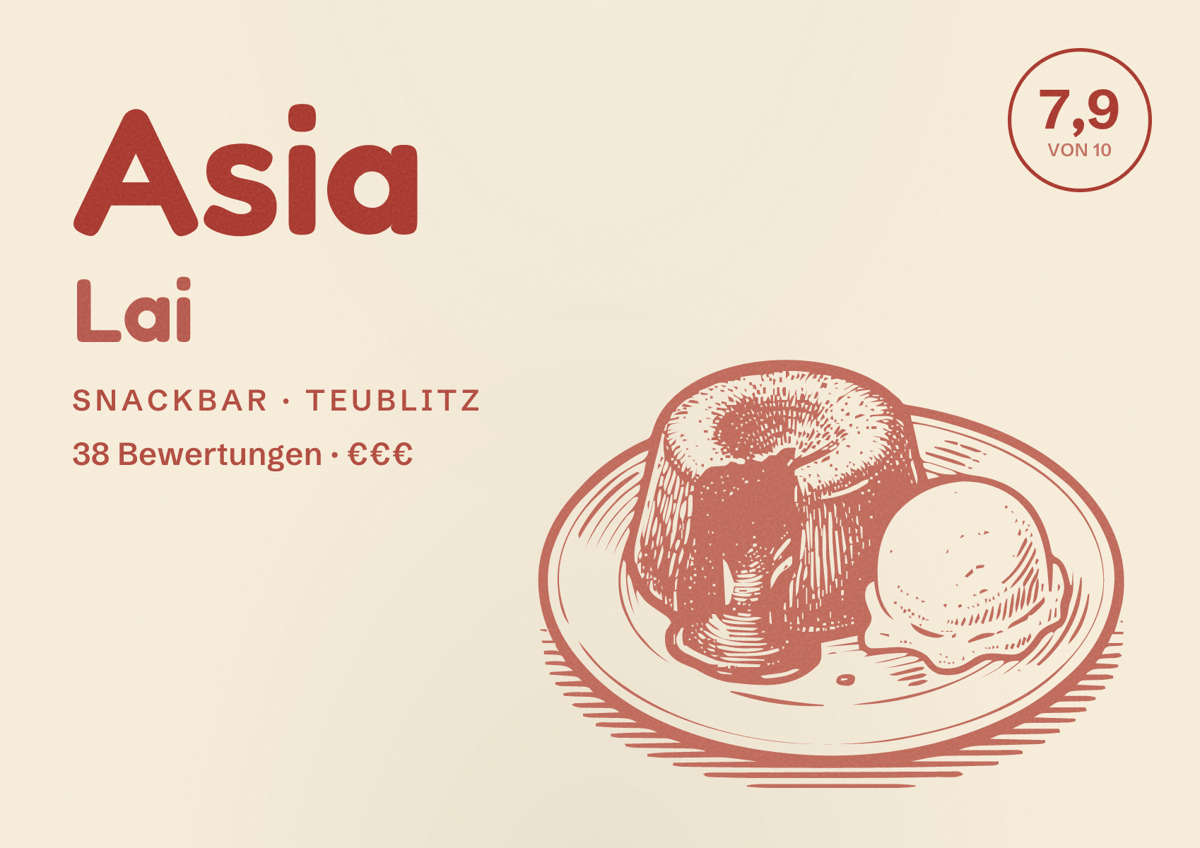 Illustriertes Poster von Asia Lai, Snackbar in Teublitz: Bewertung 7,9 von 10 aus 38 Bewertungen, Preisniveau €€€