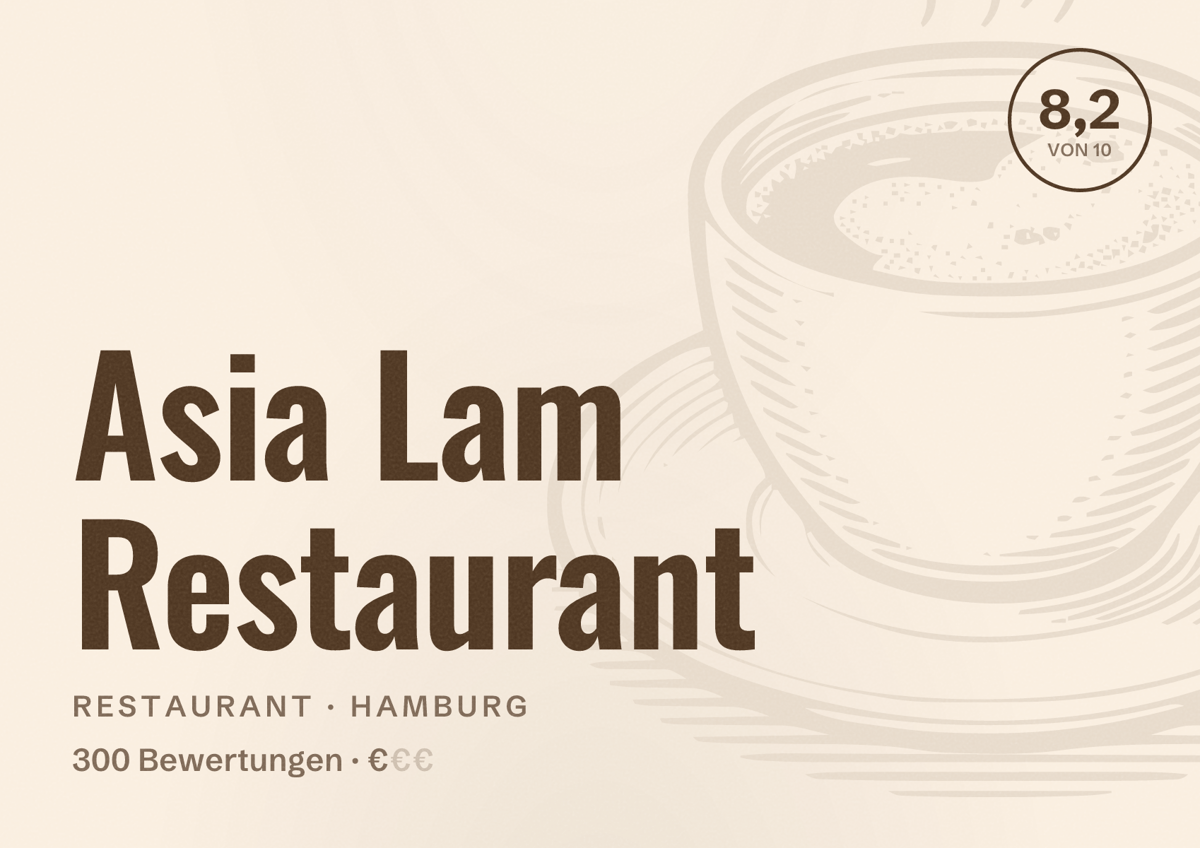 Illustriertes Poster von Asia Lam Restaurant, Restaurant in Hamburg: Bewertung 8,2 von 10 aus 300 Bewertungen, Preisniveau €